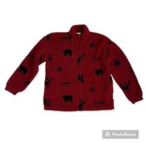 Vtg Y2K 2000s Red Patterned Sherpa Zip Up Jacket Men’s L Gorpcore Camping